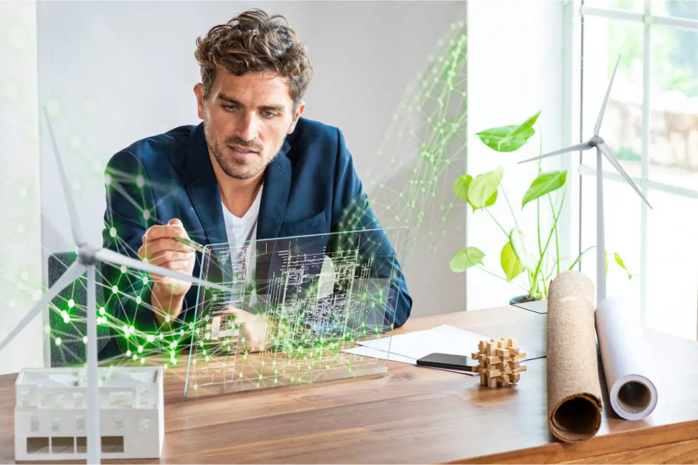 Man sitting at desk and looking at tablet