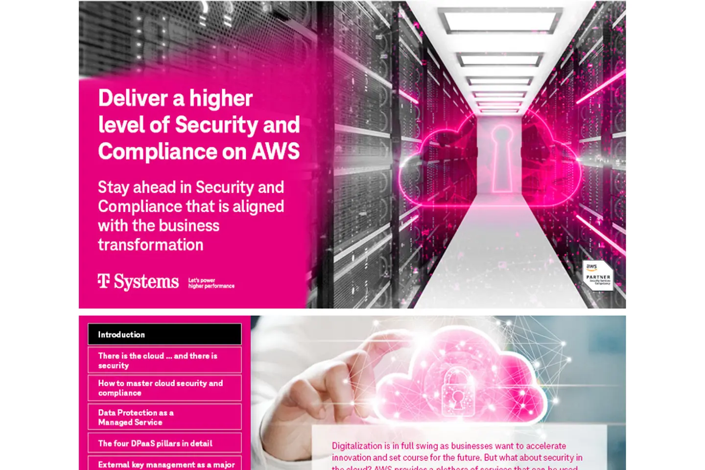 Cover and the next page as a screenshot showing the e-book: deliver a higher level of security and compliance on AWS