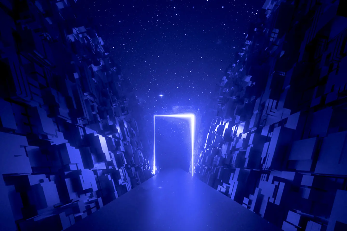 Puerta resplandeciente en el ciberespacio, camino entre paredes de bloques bajo el cielo nocturno