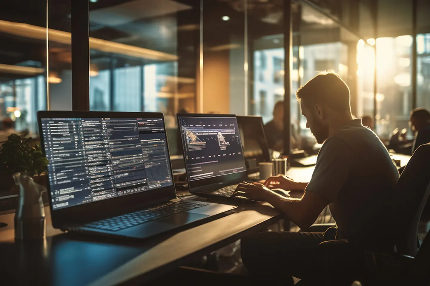 Equipe de desenvolvedores de software que programam, colaboram e testam aplicativos em um ambiente de desenvolvimento moderno