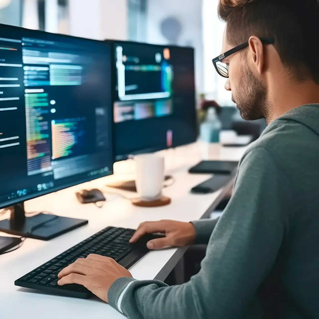 Un desarrollador de software trabaja en la automatización inteligente, lugar de trabajo digital