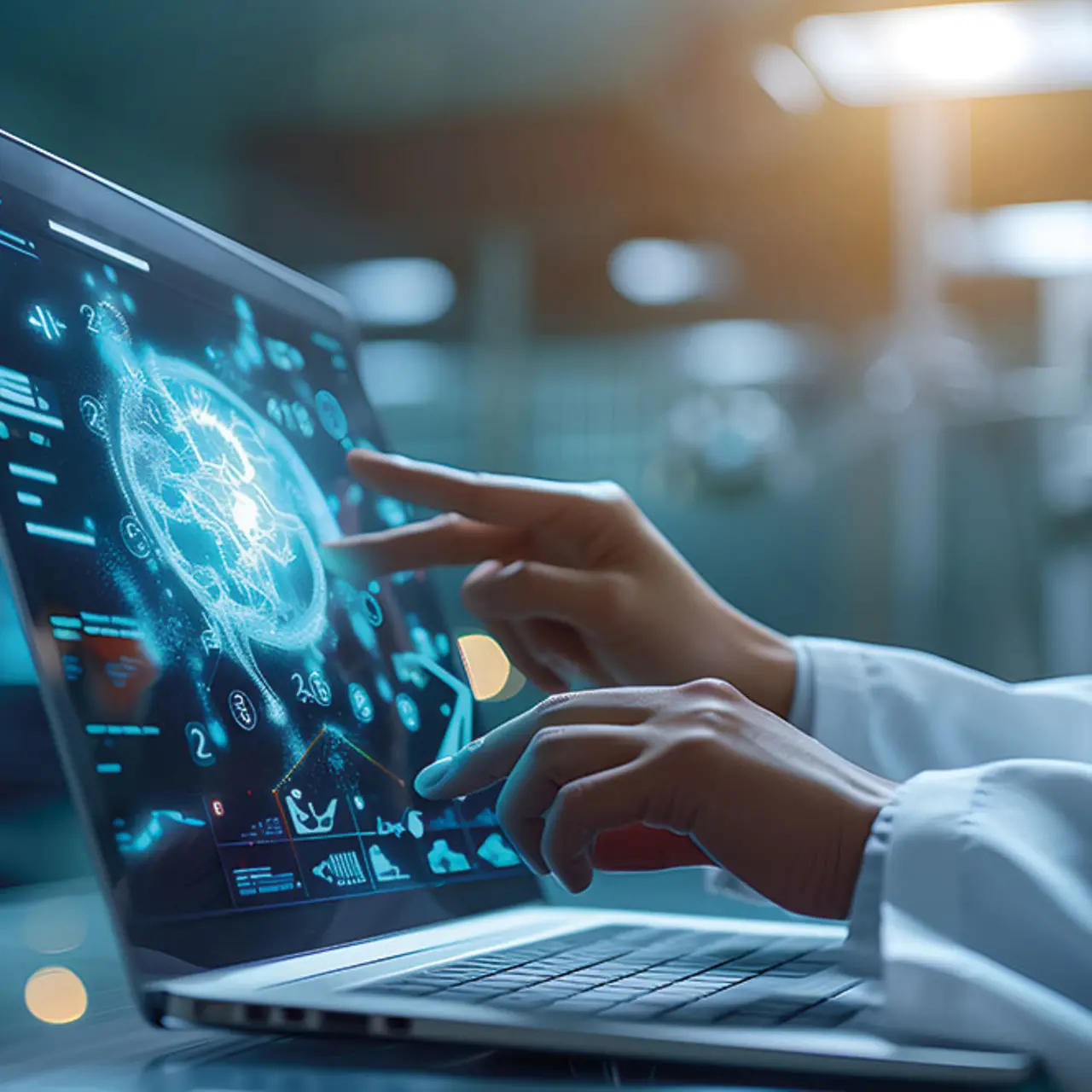 Digitalisierende Objekte auf einem Laptop fliegend