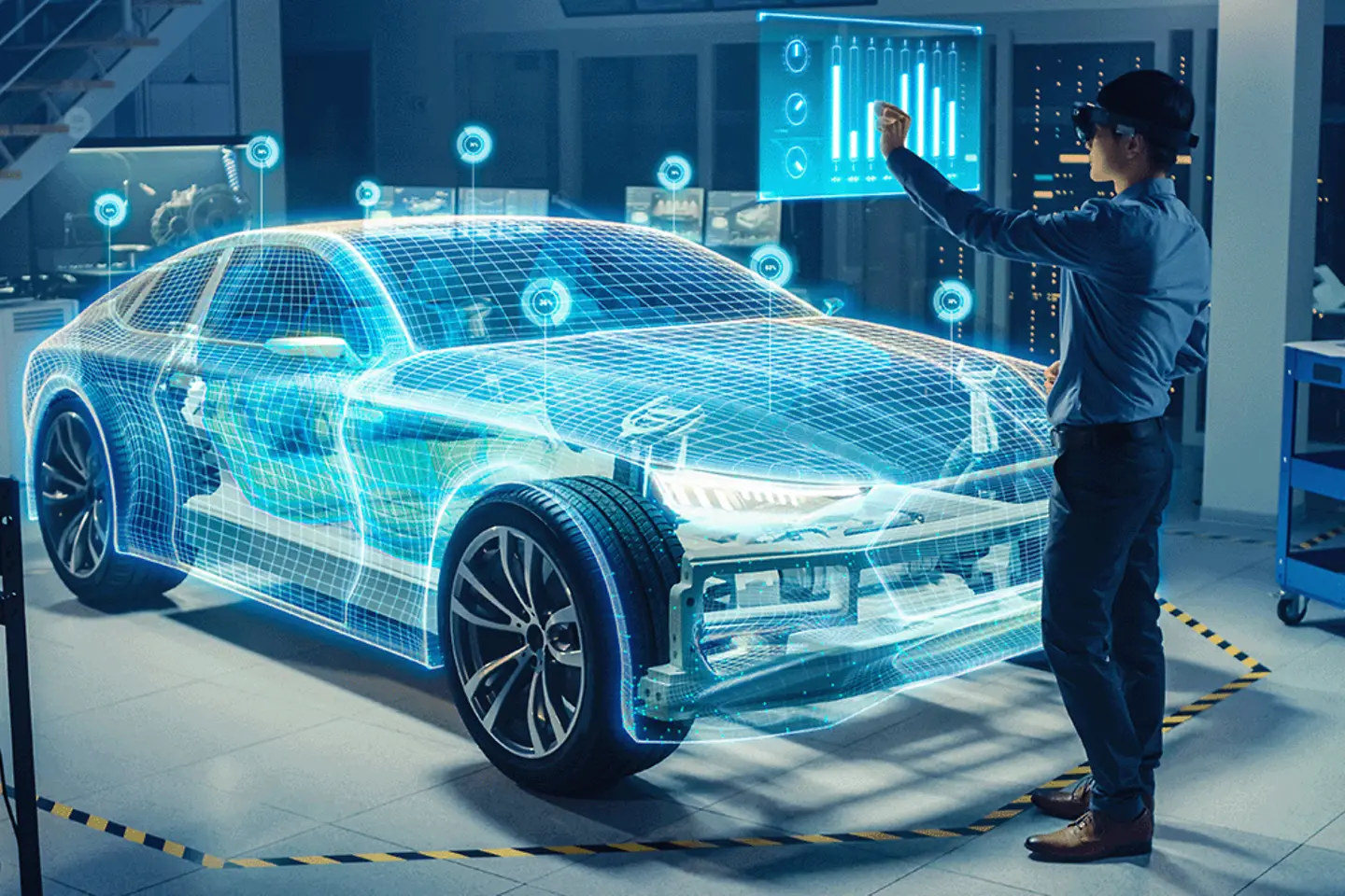 Automotive Engineer Use Virtual Reality Headset for Virtual Electric Car 3D Model