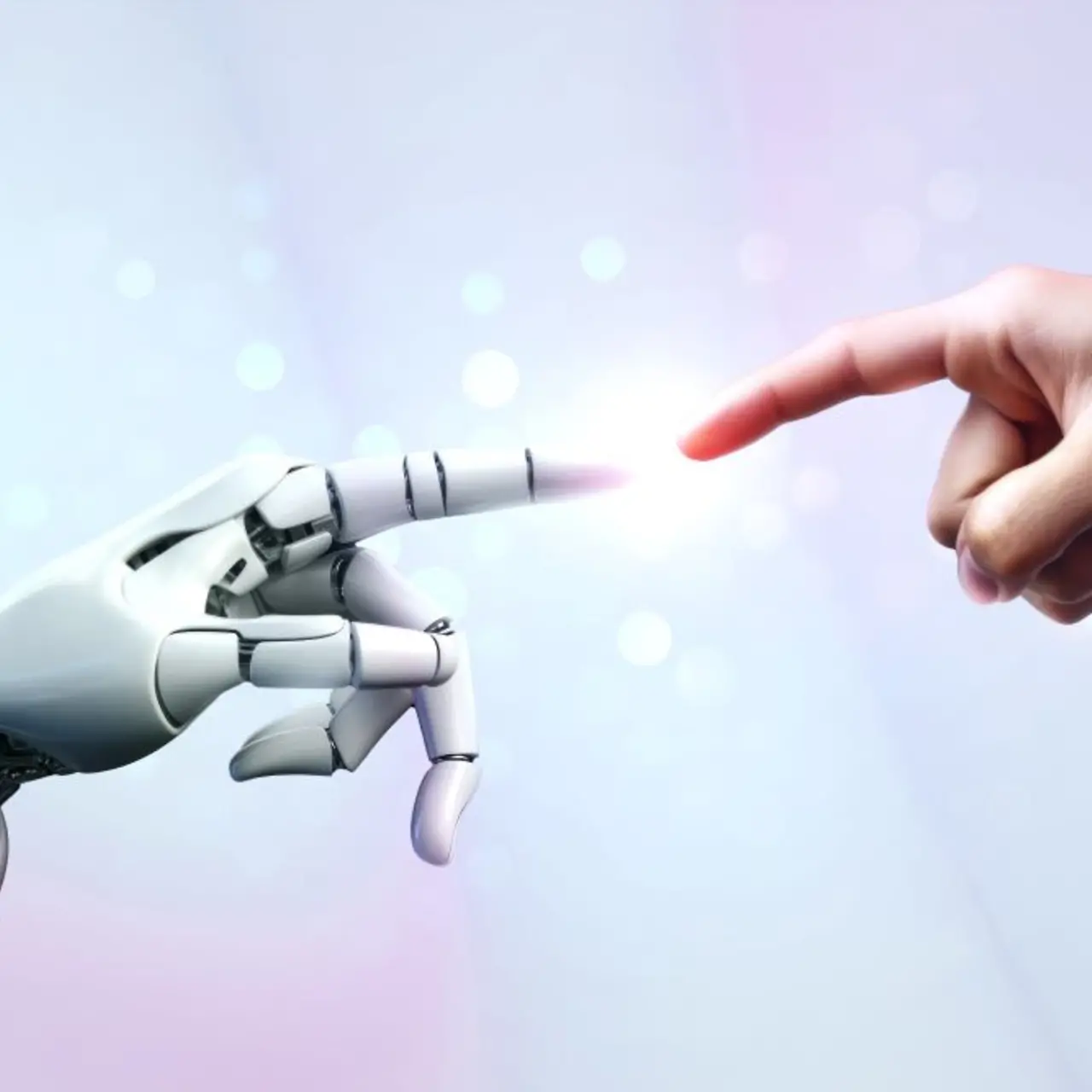 Robot and human hands are touching and connecting