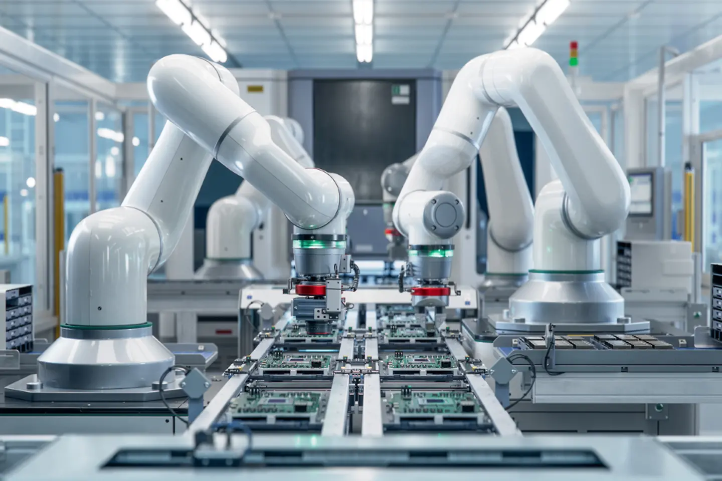  Fully Automated Modern PCB Assembly Line Equipped with Advanced High Precision Robot Arms at Bright Electronics Factory