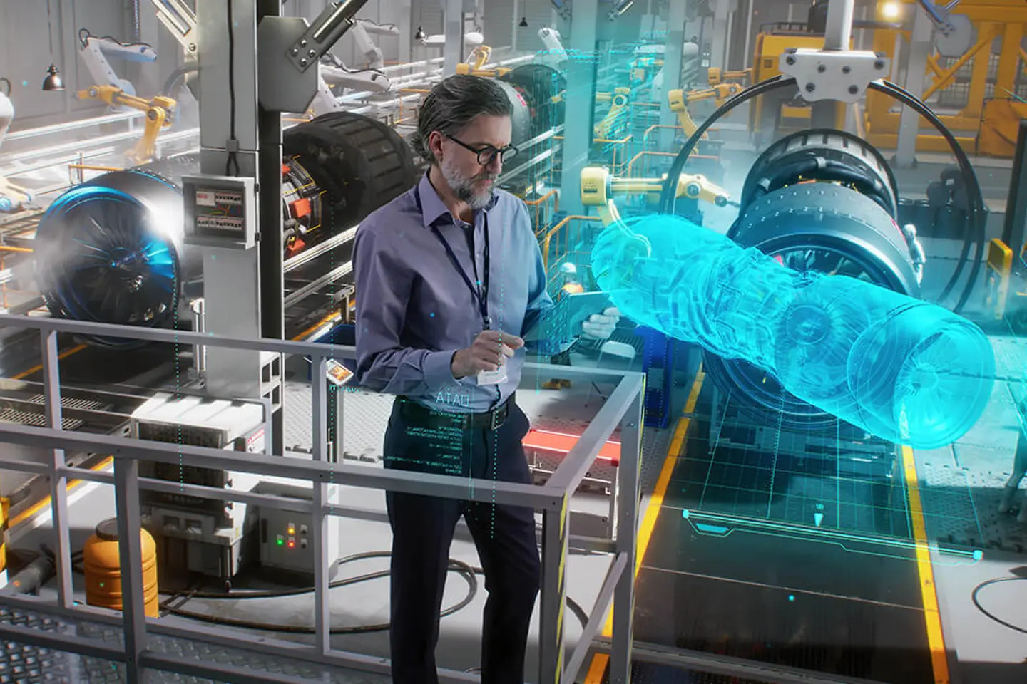 An engineer uses a tablet with a holographic application, to model and design and monitor a 3D model of an engine