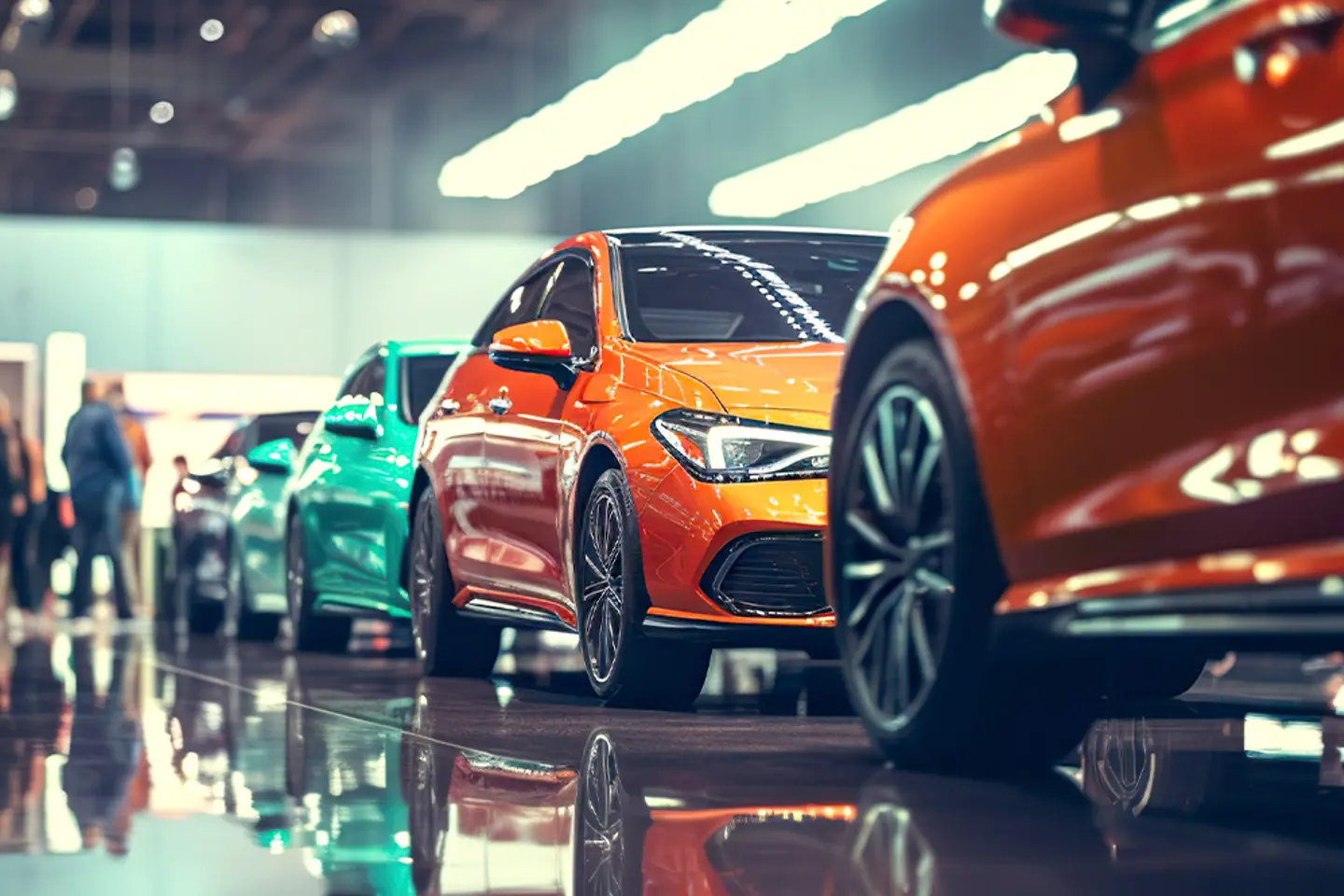 Eine Reihe bunter Autos in einem Showroom